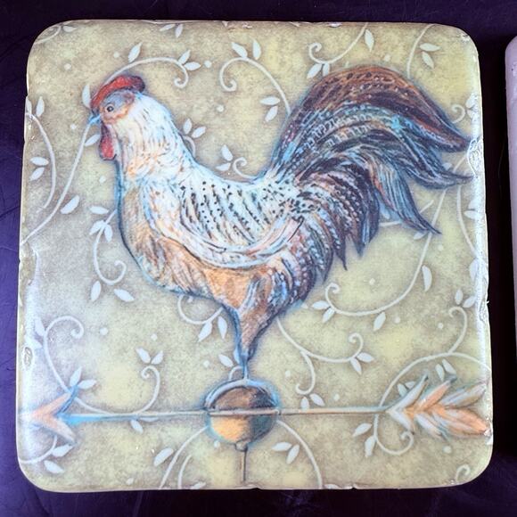 French Country Rooster Coasters Stone Set of 4 Cork Back Farmhouse Kitchen - Picture 6 of 8
